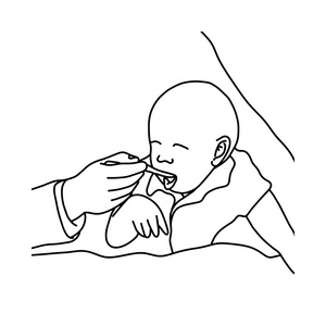 特写母亲帮助婴儿刷牙矢量插图素描手绘黑色线, 孤立的白色背景