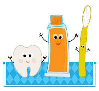 口腔卡通口腔卫生夹子艺术可爱的卡通, 快乐的牙齿, 牙膏和牙刷.
