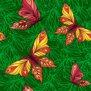 无缝模式与蝴蝶的树叶背景上