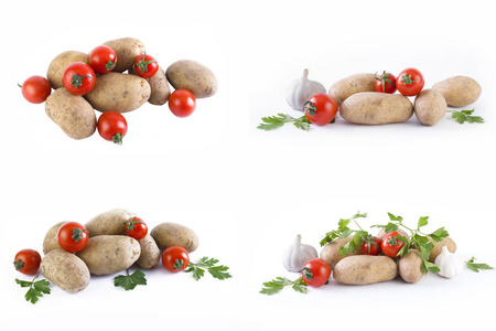 马铃薯和西红柿的白色背景。马铃薯在白色的背景。红西红柿土豆