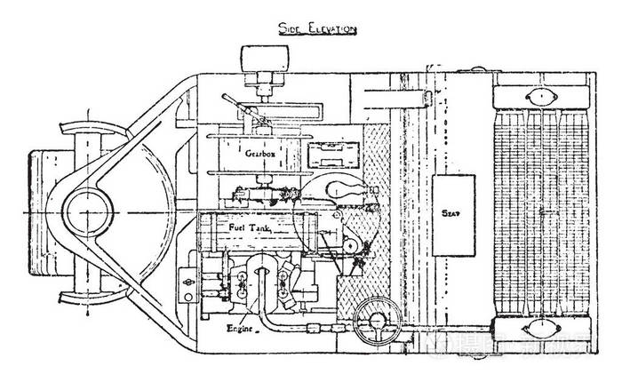 巴福德和帕金斯水镇流器辊的底盘直接位于司机的前面, 复古线画或雕刻插图