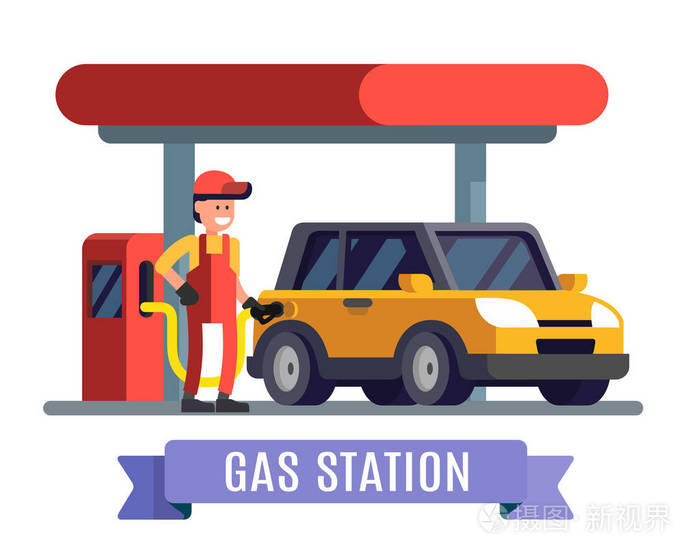 加油站工人把燃料装入汽车插画-正版商用图片06gppt-摄图新视界