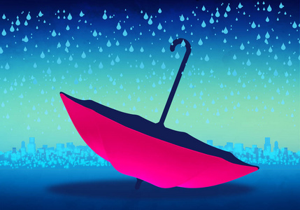 卡通天际线背景粉红色雨伞和雨滴
