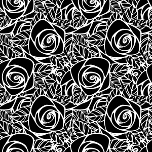 无缝模式与黑白玫瑰剪影。花卉壁纸