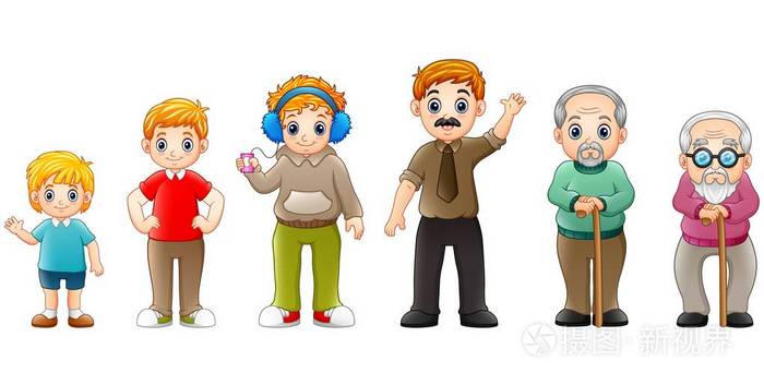 从年轻到年老的男性不同的生活阶段