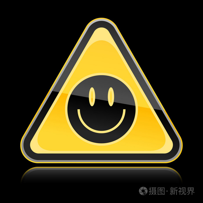 与黑色笑脸符号在黑色背景上的金黄色危险警告标志