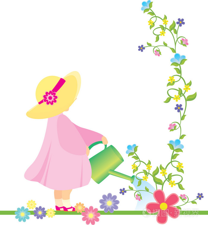 矢量女孩粉红色的裙子和黄色帽子浇水在花园里的花