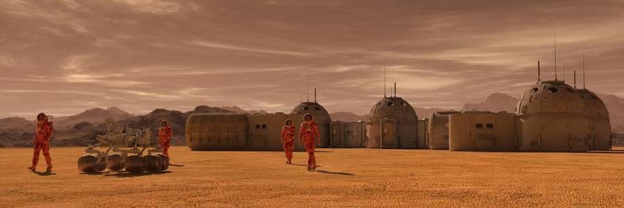 火星的殖民地.探险队在外星球上.火星上的生活.3d 图照片