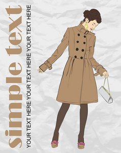 秋季时尚女孩在纸张背景上的素描样式中的一件外套。矢量插画