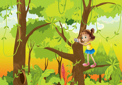 一个女孩用相机站在一棵树的分支
