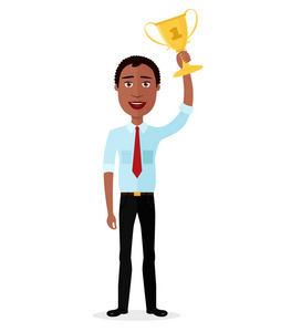 生意人非洲优胜者成功概念字符矢量兴奋卡通男性举起奖杯在白色背景上孤立