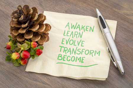 觉醒, 学习, 进化, 转化和成为鼓舞人心的词手写在餐巾上的松树锥