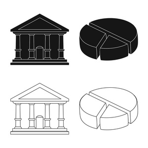 银行和货币图标的孤立对象。银行和票据股票矢量图集
