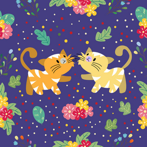 可爱的猫与花的无缝图案在彩色背景矢量插图。卡通风格