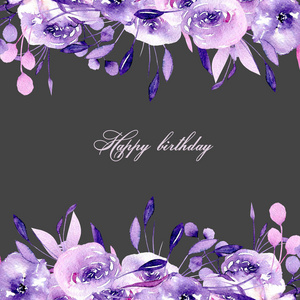 花卉设计卡与水彩紫色玫瑰和草药, 手绘在黑暗的背景下, 为婚礼, 生日和其他贺卡