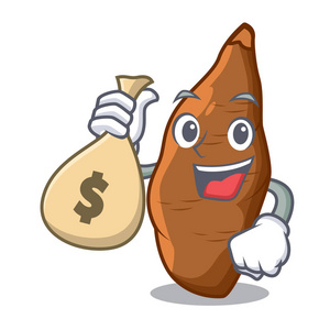 与金钱袋子字符木薯在市场果子照片