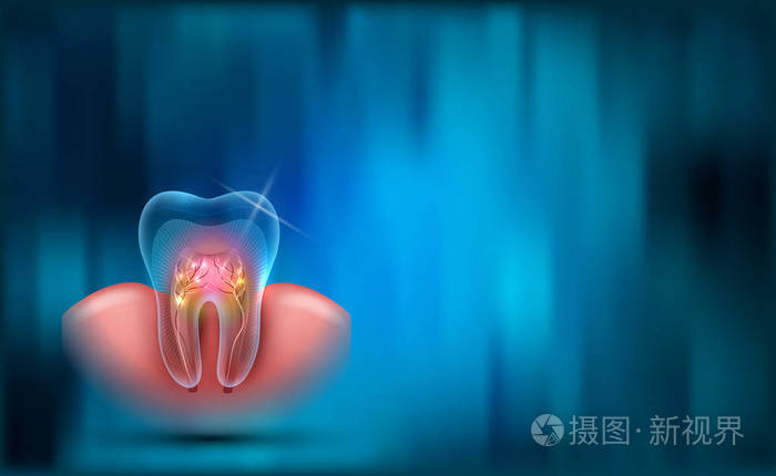 牙齿背景, 透明的牙齿横截面, 根和口香糖在一个美丽的蓝色抽象背景