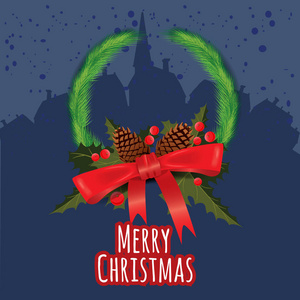圣诞快乐贺卡与 Chrirstmas 花圈装饰冷杉锥, 冬青浆果。矢量插图, 横幅, 海报