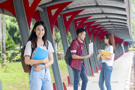 在户外玩的大学亚洲学生小组, 妇女荷兰