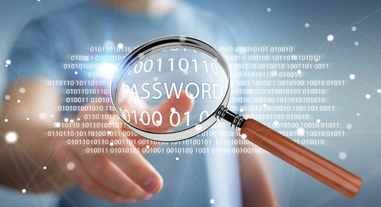 黑客使用数字放大镜查找密码 3d 渲染照片