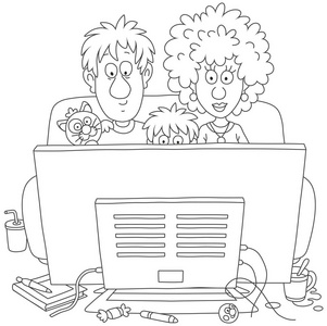 看电视插画滑稽的家庭坐在沙发上看电视, 黑白矢量插画在卡通风格照片