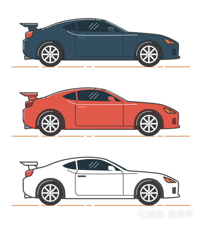 汽车插图蓝色红色和白色汽车的侧面视图