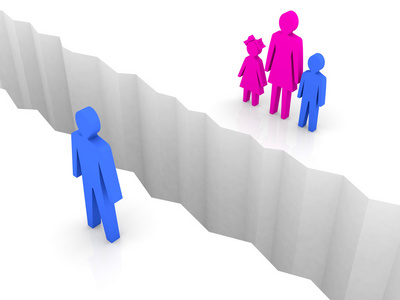 男人和女人与孩子分开两边,分离裂缝.概念 3d 图照片