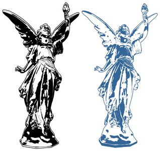 漂亮的模特在翡翠天鹅绒衣服躺在白色的沙发上天使雕像死去的人的一天