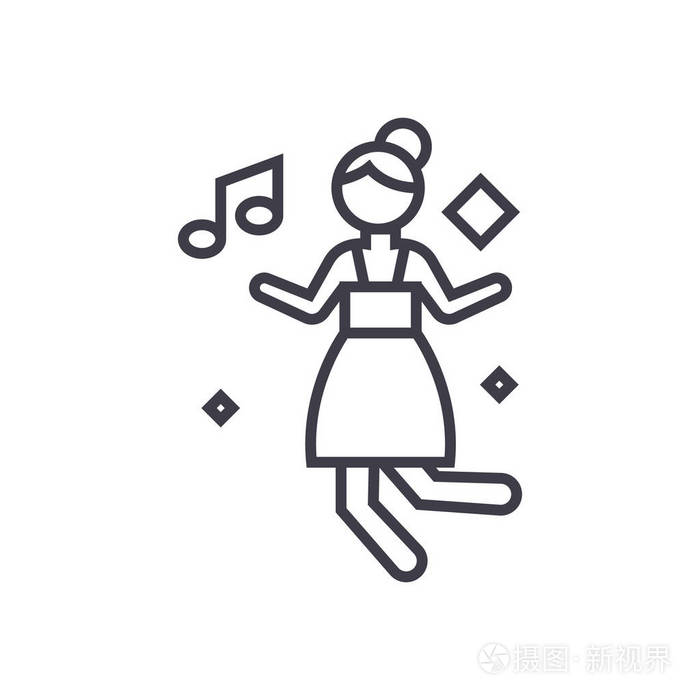 迪斯科跳舞的女孩概念矢量细线图标, 符号, 标志, 在孤立的背景上的
