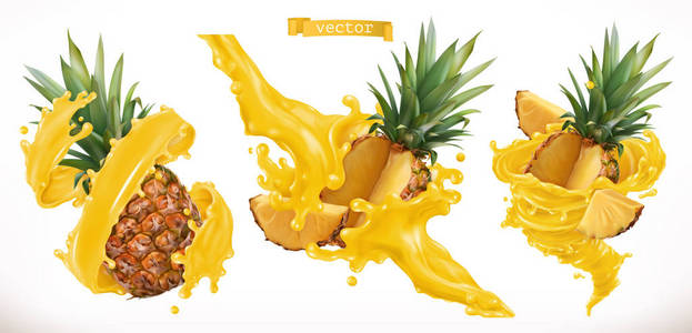菠萝汁。新鲜水果3d 逼真矢量图标