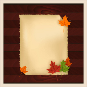 带旧纸和秋叶的矢量贺卡在木质背景下