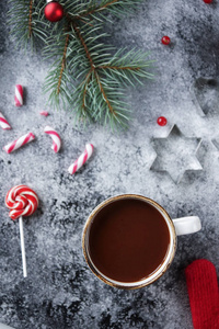 杯热巧克力或可可和各种圣诞糖果