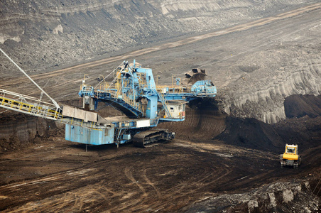 斗轮挖掘机在煤矿中的鸟瞰图。破坏自然。化石能源