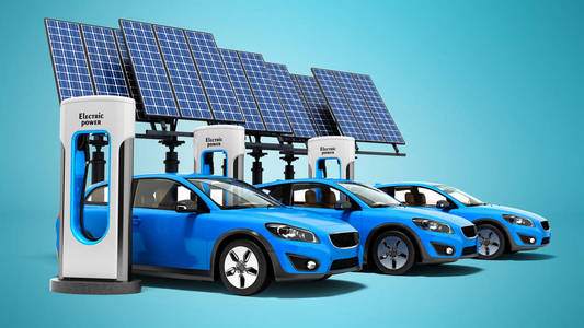 概念电动重新填充电的太阳能电池板视图3d 渲染在蓝色背景与阴影