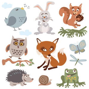 可爱的森林动物卡通向量的一组图片