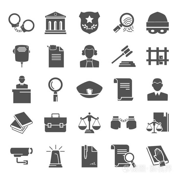 一套简单的通用正义和法律平面图标的网页和移动设计