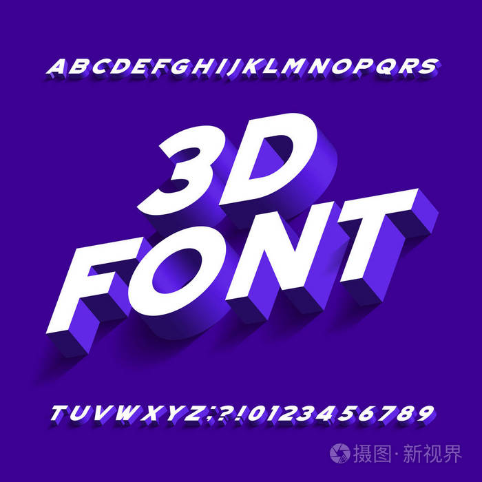 3d 字母字体.三维效果无衬线字母, 数字和符号与阴影.