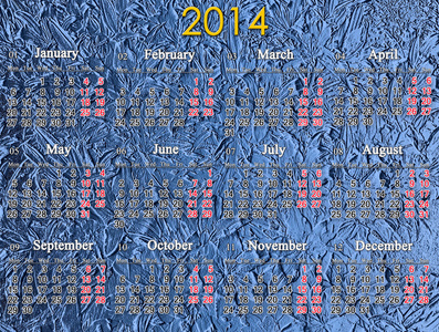 蓝色背景上的 2014 年的日历