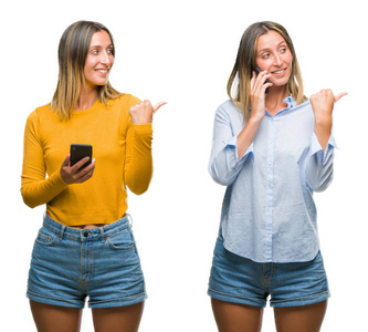 拼贴的金发美女使用智能手机在白色孤立的背景指向和显示与拇指面带微笑的笑脸