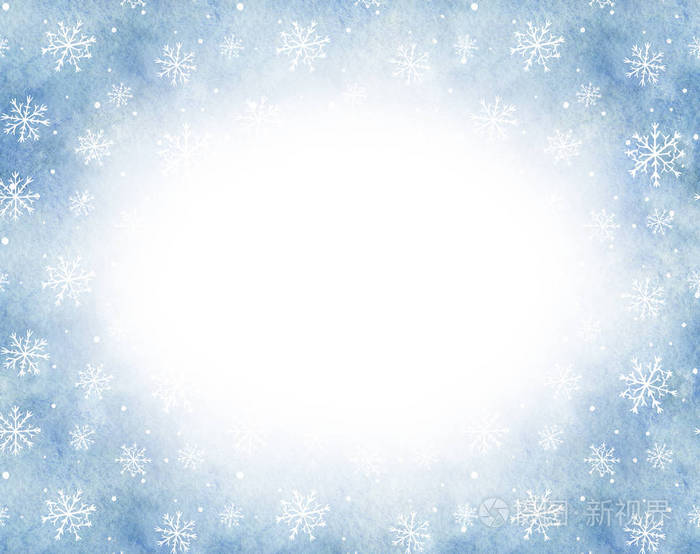 带蓝色渐变背景和雪花的椭圆形框架 水彩手画插图 蓝色和灰色水彩污渍的阴影照片 正版商用图片06inw6 摄图新视界