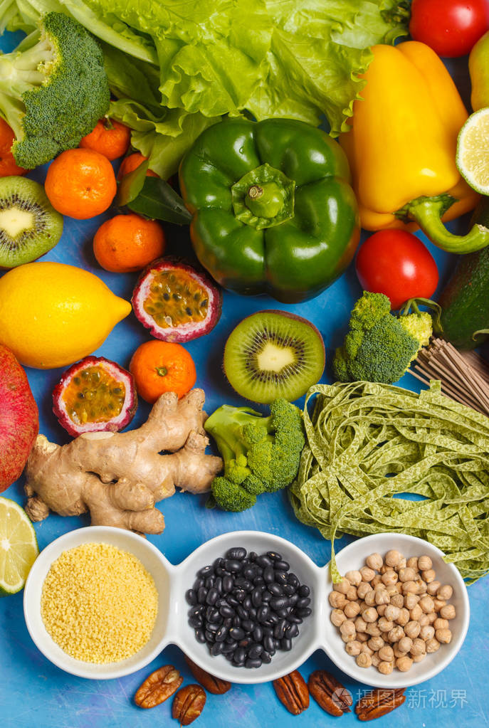 健康的素食主义者食物概念.水果蔬菜背景.塔