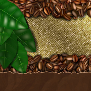 麻布背景与咖啡豆和叶子