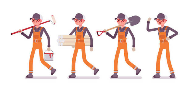 一组男性工人在橙色整体用不同的工具