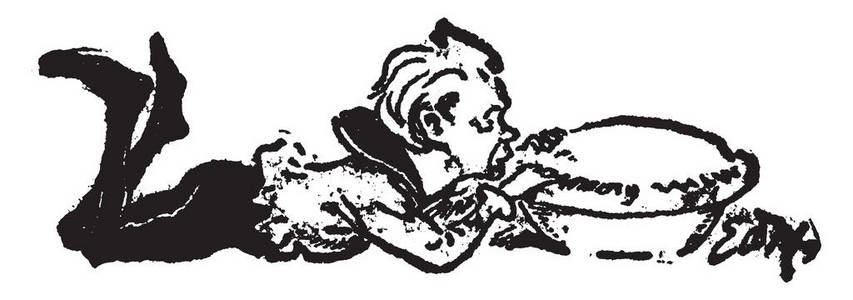 一个精灵吃馅饼, 从鹅妈妈, 这个场景显示一个精灵睡在他的肚子, 试图吃馅饼, 复古线条画或雕刻插图