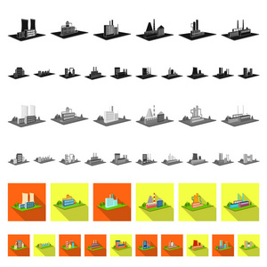 工厂和工厂平面图标集的设计。生产和企业向量等距符号库存 web 插图