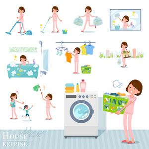 一组与客房清洁和洗衣有关的年轻妇女。有各种各样的行动, 例如养育孩子。它的矢量艺术, 所以它很容易编辑