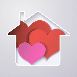 纸红色的心在房子里, 一个幸福的家庭的概念. 折纸设计贺卡. 3 d 效果