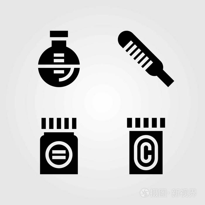 医学矢量图标设置。温度计烧瓶和药