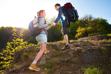 旅游, 徒步旅行, 背包, 旅游和人的概念照片