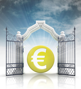欧元硬币和天空一起打开巴洛克式门